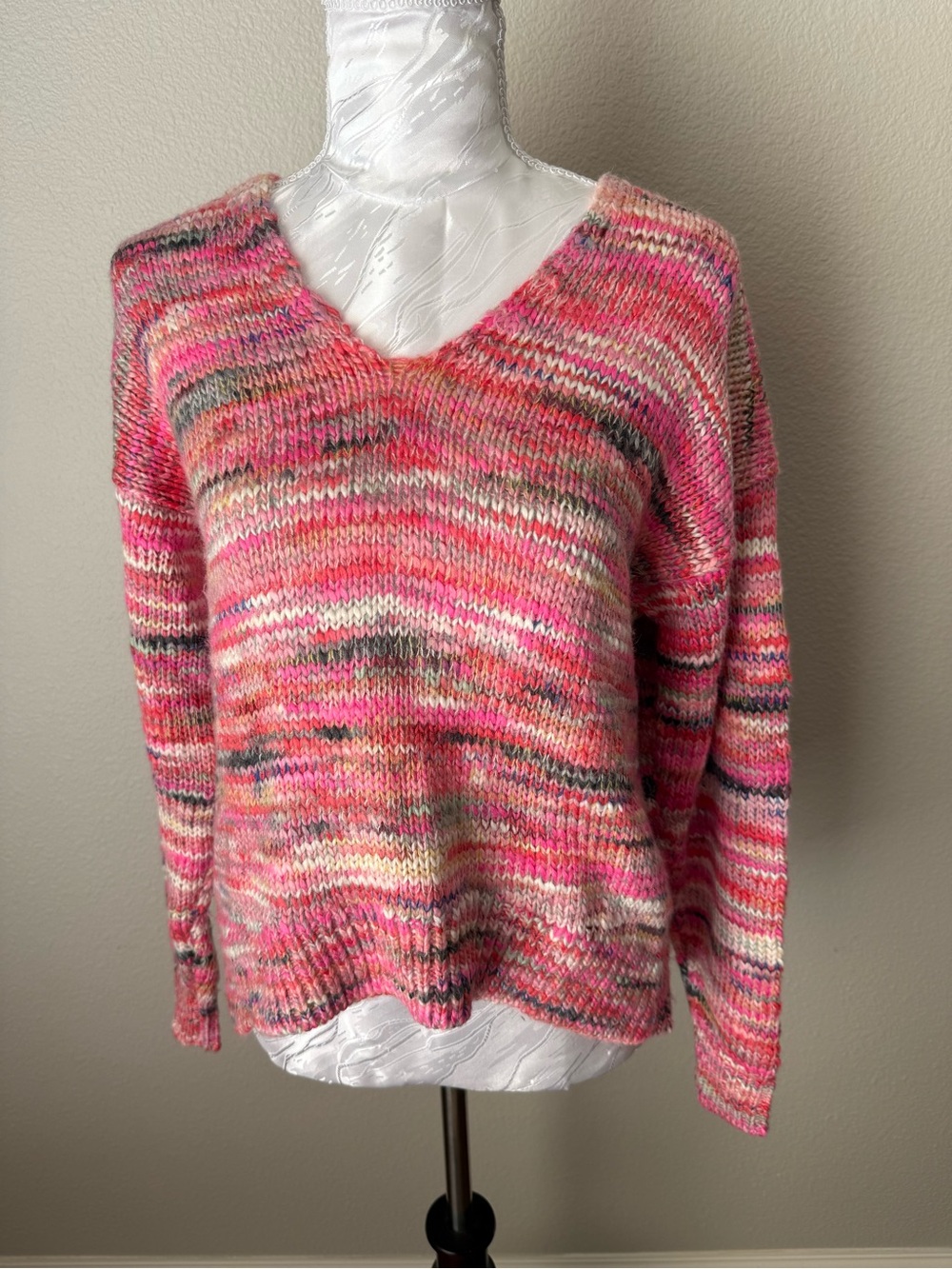 Lou & Grey Pink Multi-Striped V-Neck Sweater